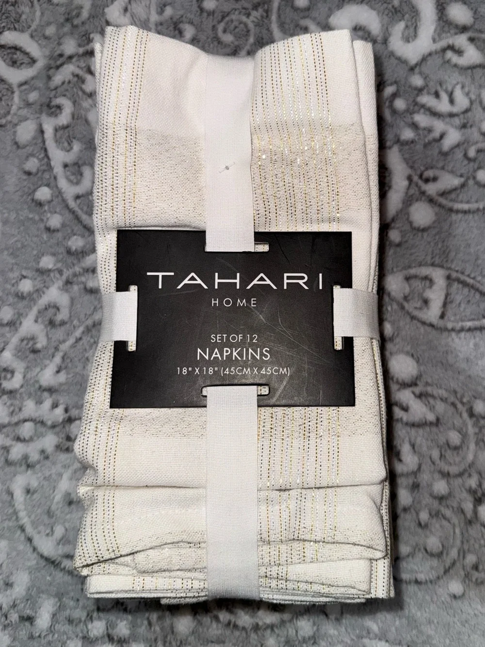 Tahari Home Set of 12 Cloth Napkins Ivory Gold Metallic Stripe 18x18 NEW